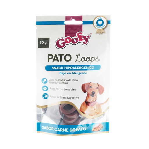 Snacks Hipoalergénico para perros de la marca Goofy en presentación Pato Loops